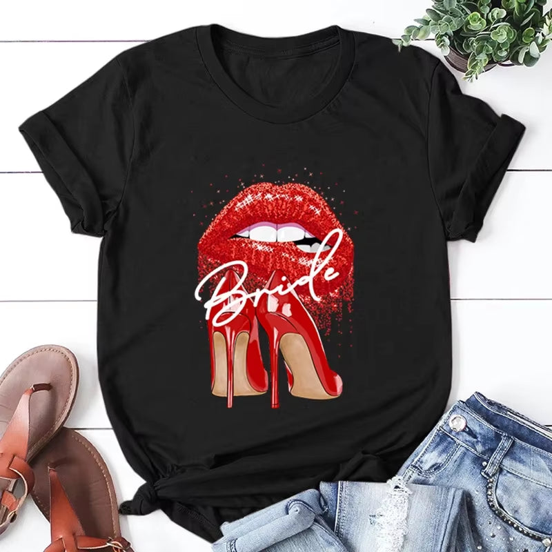 NEW Bride to Be Squad Evjf T Shirt Chic High Heels Red Lips Team Bride T Shirts Pink Bachelorette Hen Party Bridesmaid Tops Tee