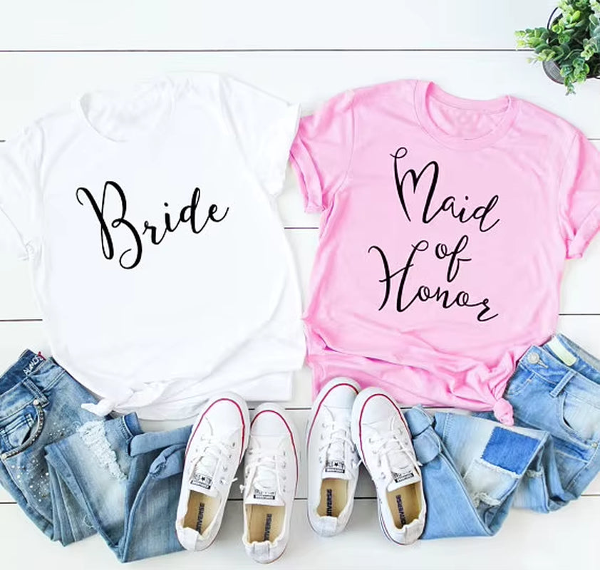 Bride Maid of Honor T-Shirt Romantic Wedding Clothing T Shirt Fashion Party Bridal T Shirts BFF Gift Bridesmaid Tees