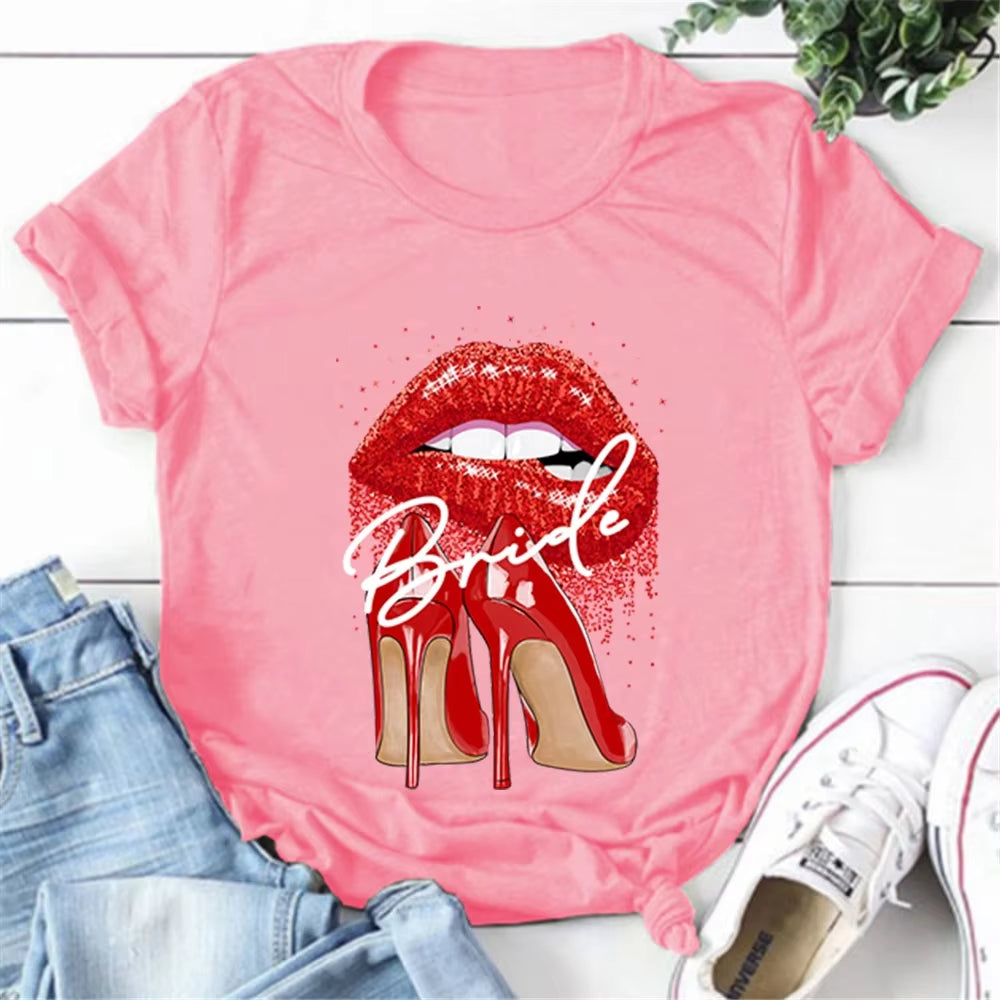 NEW Bride to Be Squad Evjf T Shirt Chic High Heels Red Lips Team Bride T Shirts Pink Bachelorette Hen Party Bridesmaid Tops Tee