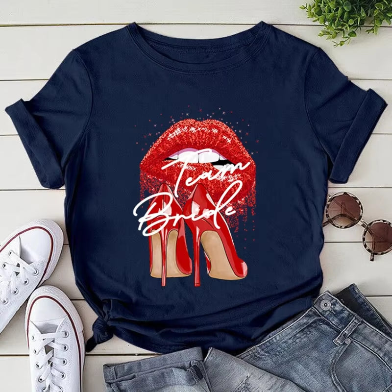 NEW Bride to Be Squad Evjf T Shirt Chic High Heels Red Lips Team Bride T Shirts Pink Bachelorette Hen Party Bridesmaid Tops Tee