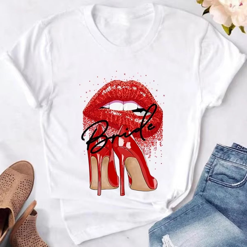 NEW Bride to Be Squad Evjf T Shirt Chic High Heels Red Lips Team Bride T Shirts Pink Bachelorette Hen Party Bridesmaid Tops Tee